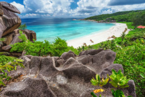 View to Grand Anse beach from stone above. La Digue island, Seychelles. View to Grand Anse beach from stone above. La Digue island, Seychelles.